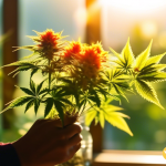 A person holding a colorful bouquet of cannabis plants illuminated by golden hour sunlight, showcasing vibrant green leaves and sparkling trichomes.