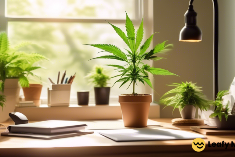 Serene workspace bathed in invigorating sunlight, with a neatly organized desk and lush greenery as a backdrop. A pot plant stands near a notepad, showcasing the harmonious coexistence of cannabis and focused work.