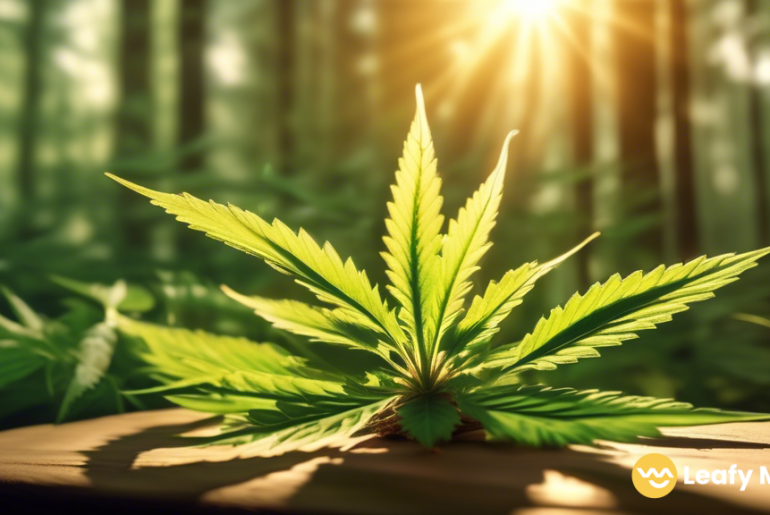 Discover the spiritual connection to cannabis in this serene outdoor setting: A sunlit clearing in a lush forest, where a vibrant cannabis plant basks in golden sunlight, inviting contemplation and reflection.