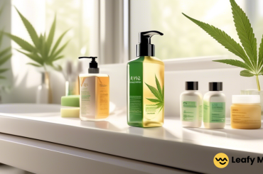 Experience the radiance of cannabis-infused skincare products showcased on a sunlit bathroom vanity, their vibrant packaging reflecting the natural light pouring in through a nearby window.