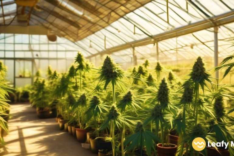 Discover the promising cannabis business opportunities as depicted in this captivating photo of a sunlit greenhouse filled with thriving green and golden plants, symbolizing the potential for lucrative ventures in the cannabis industry.