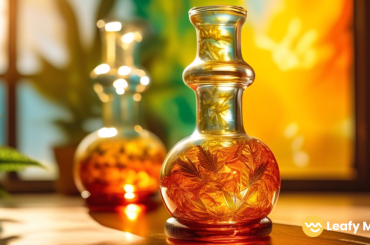 Captivating close-up of a glass bong filled with radiant amber cannabis concentrate, shimmering in natural sunlight