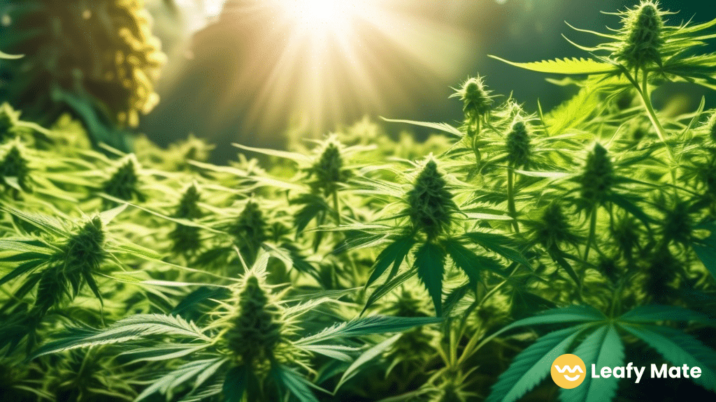 Thriving outdoor cannabis garden surrounded by rolling hills, showcasing lush green leaves and glistening trichomes under radiant sunlight - navigating cannabis cultivation laws for outdoor growers.