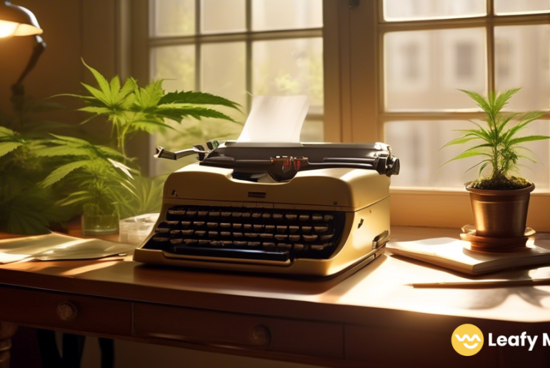 Enhancing Creativity: A serene workspace bathed in warm sunlight, showcasing a typewriter and a well-worn notebook. A faint plume of cannabis smoke adds an alluring touch to inspire writers.
