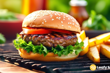 A close-up shot of a juicy cannabis-infused BBQ burger sizzling on the grill, topped with vibrant green herbs, bathed in bright natural sunlight.