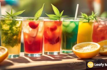 Vibrant patio scene with friends enjoying cannabis-infused beverages garnished with fresh herbs and fruit slices, reflecting the rising popularity of these brightly colored drinks.