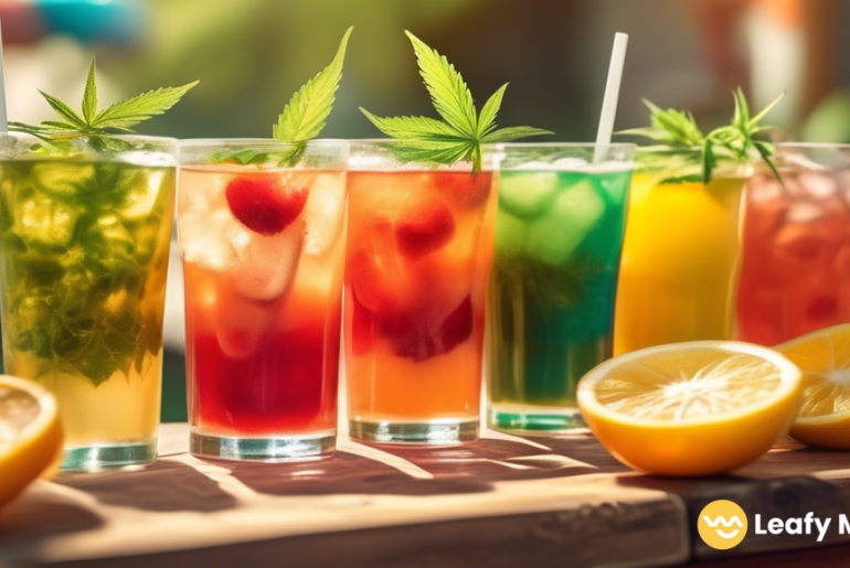 Vibrant patio scene with friends enjoying cannabis-infused beverages garnished with fresh herbs and fruit slices, reflecting the rising popularity of these brightly colored drinks.