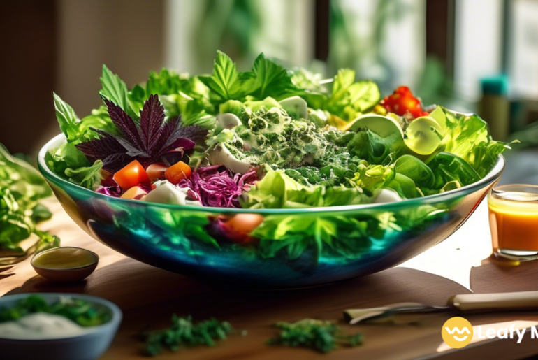 Vibrant salad bowl with fresh greens and cannabis-infused dressing, a healthy and unique twist to elevate your salad game.