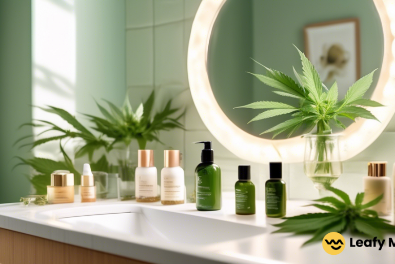 Discover the nurturing power of cannabis-infused skincare products showcased on a sun-kissed bathroom vanity. Lush green hues and enticing textures invite you to explore this botanical skincare trend.