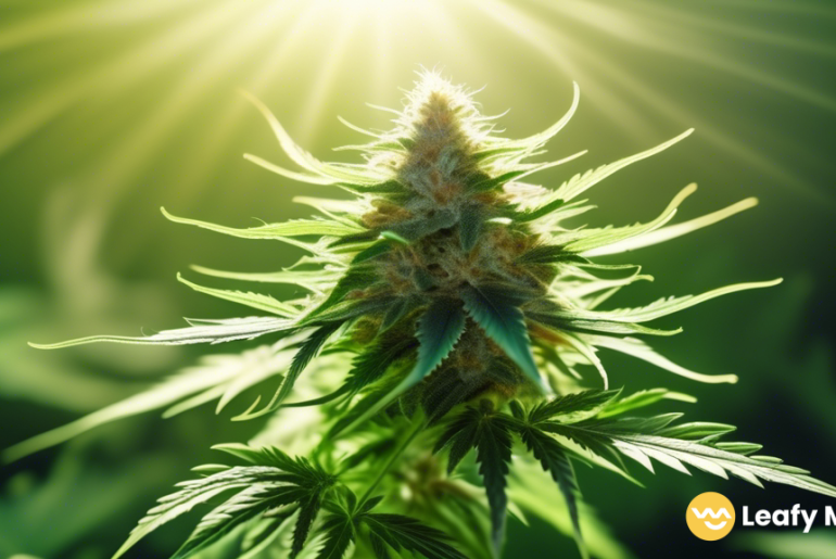 Close-up of a healthy cannabis plant with vibrant green leaves and glistening trichomes, basking in radiant natural light
