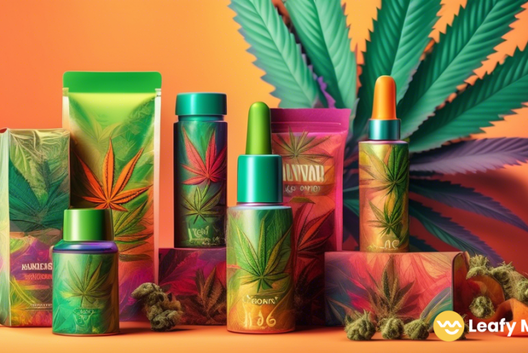 Alt text: Vibrant and intricate cannabis packaging trends illuminated by bright natural light, showcasing the latest designs and vibrant hues.