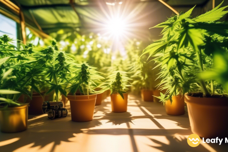 A cannabis grow tent filled with essential tools such as pruning shears, grow lights, and nutrient bottles, bathed in bright natural sunlight for training cannabis plants.