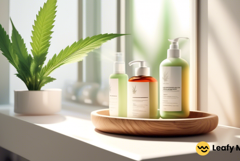 An inviting bathroom shelf with neatly arranged cannabis-infused skincare products, illuminated by soft natural sunlight pouring through an open window.