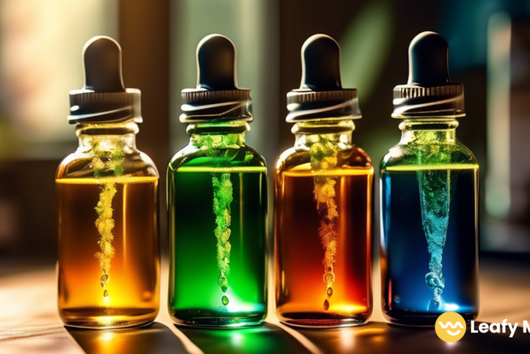 Versatile cannabis tincture bottles in an assortment of colors and sizes, glistening with droplets under bright natural light.