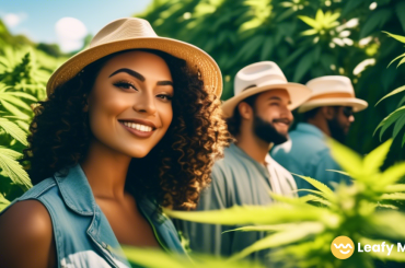 A diverse group of individuals on a guided cannabis tour at a lush farm, surrounded by vibrant green plants under clear blue skies, with the sun casting a warm glow on their faces.
