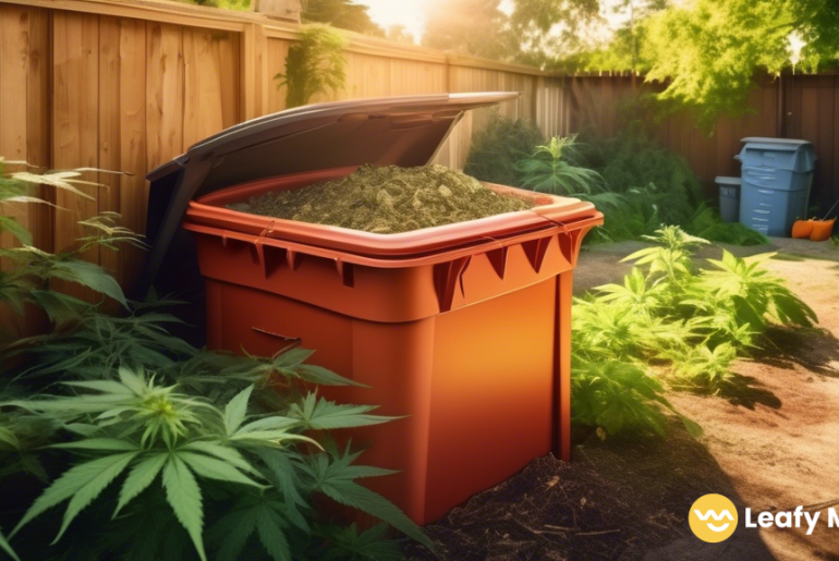 Proper cannabis waste disposal in a sunny backyard compost bin, showcasing natural decomposition process