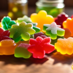 Vibrant homemade cannabis-infused gummies displayed on a rustic wooden table, illuminated by natural sunlight streaming in through a nearby window