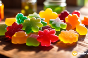 Vibrant homemade cannabis-infused gummies displayed on a rustic wooden table, illuminated by natural sunlight streaming in through a nearby window