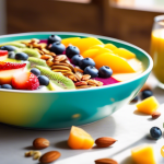 A colorful smoothie bowl topped with sliced fruit, nuts, and seeds, bathed in bright natural light, perfect for a blog post about fueling fitness with cannabis edibles.