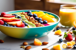 A colorful smoothie bowl topped with sliced fruit, nuts, and seeds, bathed in bright natural light, perfect for a blog post about fueling fitness with cannabis edibles.