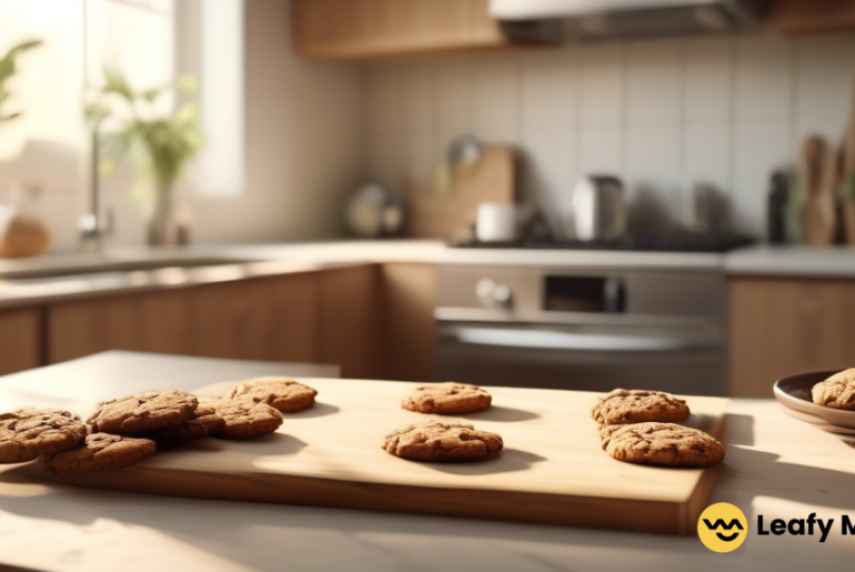 Delicious gluten-free cannabis-infused cookies showcased on a wooden cutting board in a sunlit kitchen countertop