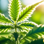 Close-up of a healthy cannabis plant thriving in natural sunlight, with vibrant green leaves and intricate trichomes