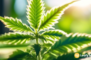 Close-up of a healthy cannabis plant thriving in natural sunlight, with vibrant green leaves and intricate trichomes