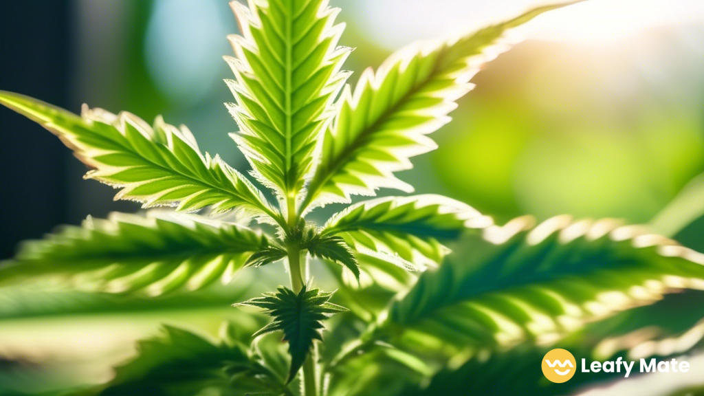 Close-up of a healthy cannabis plant thriving in natural sunlight, with vibrant green leaves and intricate trichomes