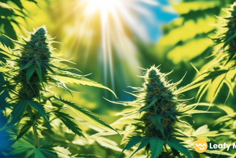 Vibrant outdoor cannabis harvest scene with mature plants, lush green foliage, and resinous buds sparkling in the sunlight against a backdrop of clear blue skies.