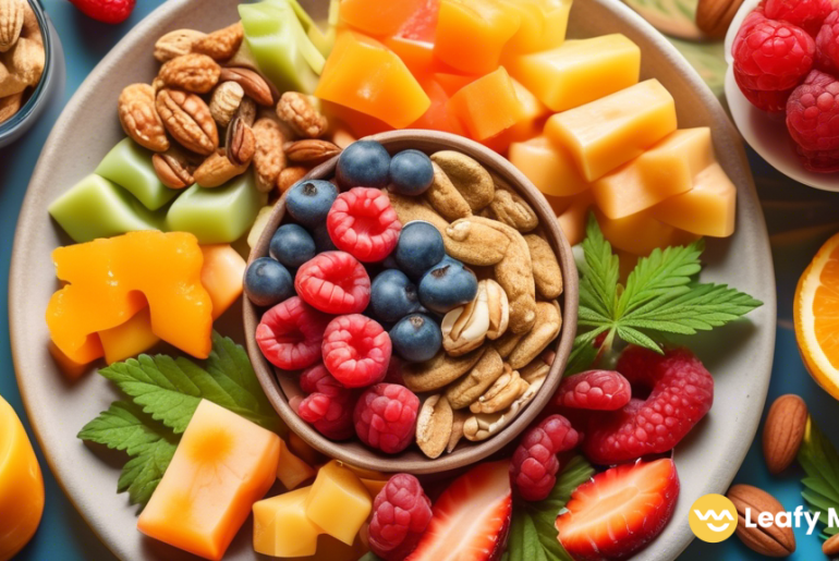 Vibrant platter of healthy cannabis snacks, including colorful fruits, nuts, and infused treats, beautifully arranged and bathed in soft, natural sunlight.