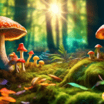 Vibrant sunlit forest clearing with colorful psychedelic mushrooms, showcasing their natural beauty and enchanting effects - How long do psychedelic mushrooms stay in your system