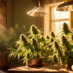 Delightful sun-lit room with a quarter pound of vibrant, aromatic cannabis buds precisely weighed - a visual representation of how many ounces are in a quarter pound.