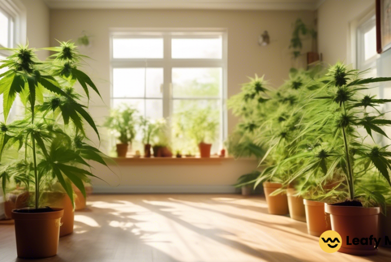 Indoor cannabis plants thriving under effective pest control strategies in a well-lit room with ample natural light.