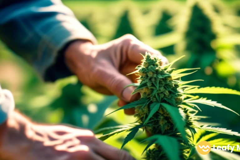 Close-up shot of a farmer hand-trimming ripe organic cannabis buds under the bright natural light of the sun, showcasing the meticulous process of harvesting