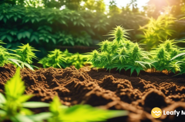 Organic soil amendments including compost, manure, and worm castings scattered around lush cannabis plants in a vibrant garden bed, bathed in bright natural sunlight