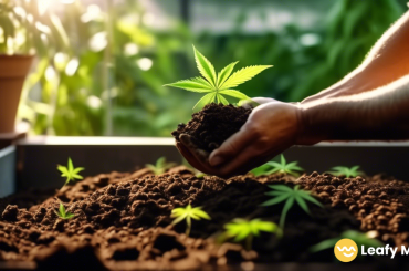 A close-up shot of a gardener's hands mixing rich, dark compost into the soil of a cannabis plant in a greenhouse, bathed in bright natural sunlight.