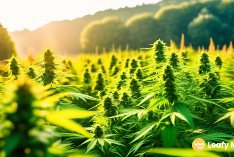 Vibrant regenerative cannabis farm bathed in golden sunlight, showcasing lush green plants, healthy soil, and diverse wildlife - embodying the principles of sustainable farming practices