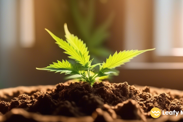 Close-up of a healthy cannabis plant thriving in well-draining soil, illuminated by natural sunlight streaming in through a nearby window.