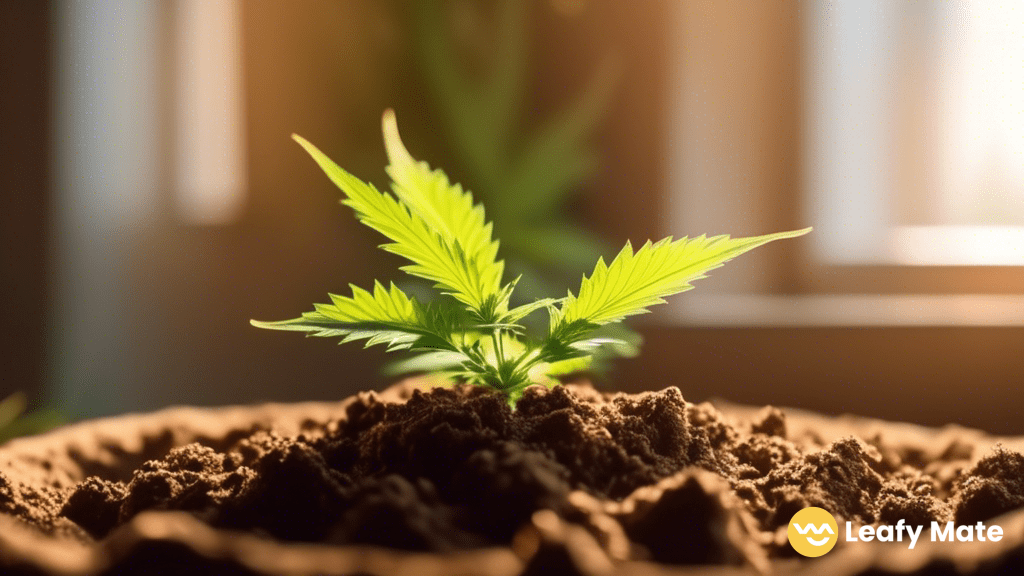 Close-up of a healthy cannabis plant thriving in well-draining soil, illuminated by natural sunlight streaming in through a nearby window.