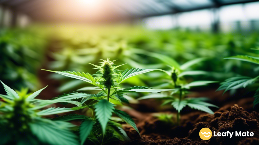 Close-up of a thriving cannabis plant in a well-lit greenhouse, surrounded by rich, dark soil, showcasing optimal soil nutrient balance for cultivation