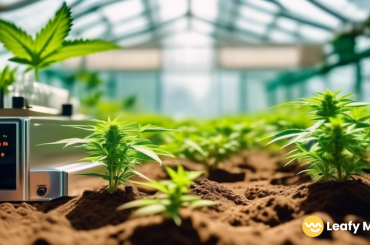 Close-up shot of a healthy cannabis plant surrounded by soil testing equipment in a greenhouse, under bright natural light