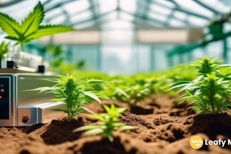 Close-up shot of a healthy cannabis plant surrounded by soil testing equipment in a greenhouse, under bright natural light