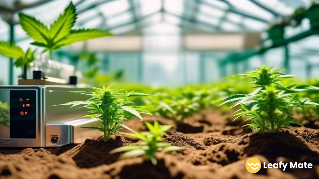 Close-up shot of a healthy cannabis plant surrounded by soil testing equipment in a greenhouse, under bright natural light