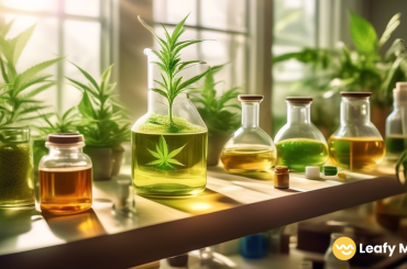 Serene lab setting with sunlight streaming through windows, showcasing glass beakers filled with CBD oil, surrounded by botanical plants and scientific equipment.