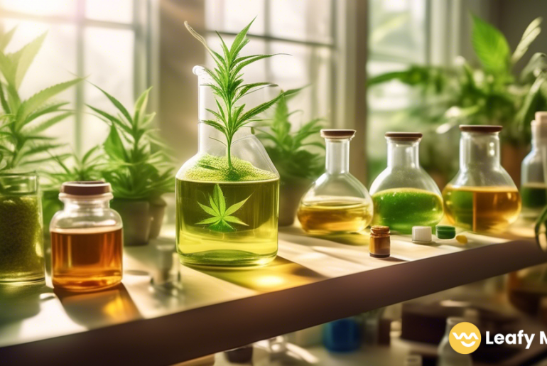 Serene lab setting with sunlight streaming through windows, showcasing glass beakers filled with CBD oil, surrounded by botanical plants and scientific equipment.
