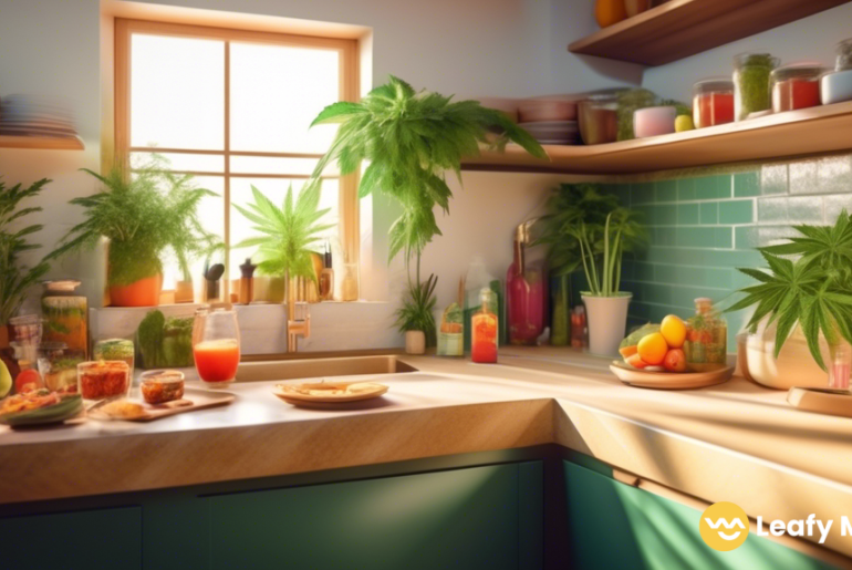 Vibrant sunlit kitchen counter showcasing a colorful array of freshly prepared vegan cannabis-infused dishes, highlighting the fusion of healthy ingredients and creative plant-based delights.