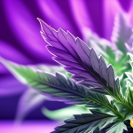 Vibrant cannabis leaves displaying stunning shades of purple, illuminated by natural sunlight