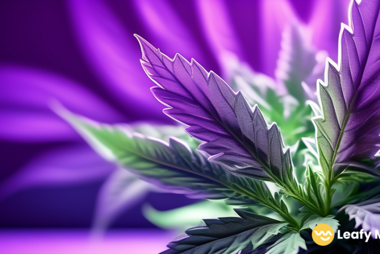 Vibrant cannabis leaves displaying stunning shades of purple, illuminated by natural sunlight
